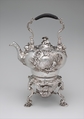 Teakettle and spirit lamp with stand, Paul de Lamerie (British, 1688–1751, active 1712–51), Silver, leather, British, London