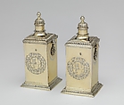 Pair of perfume bottles, John Bodington (British, active 1688–1727), Silver gilt, glass inside, British, London
