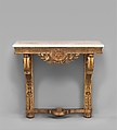 Console table, Carved, painted and gilded oak; marble top, French