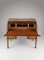 Rolltop desk, David Roentgen (German, Herrnhaag 1743–1807 Wiesbaden, master 1780), Oak, pine, walnut, cherry, tulipwood, and mahogany (later drawers), veneered with maple hornbeam (both partially stained), tulipwood, burl wood (stained), mahogany, holly, walnut, and other woods; gilt bronze, brass, steel, and iron; marble; partially tooled and gilded leather, German, Neuwied am Rhein
