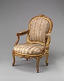 Armchair (fauteuil), Louis Delanois (French, 1731–1792), Carved and gilded walnut; silk brocade upholstery not original to frame, French, Paris