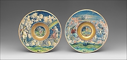 Wide-rimmed bowl with figures from Virgil's Aeneid, Workshop of Maestro Giorgio Andreoli (Italian (Gubbio), active first half of 16th century), Maiolica (tin-glazed earthenware), lustered, Italian, Gubbio