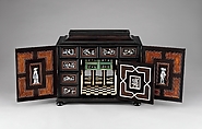 Cabinet, Attributed to Herman Doomer (Dutch, Anrath ca. 1595–1650 Amsterdam), Oak veneered with ebony, snakewood, rosewood, kingwood, cedar and other woods; mother-of-pearl, ivory, green stained bone, Dutch, Amsterdam
