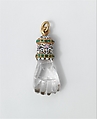 Pendant in the form of a hand, Rock crystal, with enameled gold mount set with emeralds, possibly Spanish