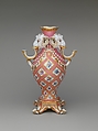 Vase (vase à tête d'éléphant) (one of a pair), Jean-Claude Duplessis (French, ca. 1695–1774, active 1748–74), Soft-paste porcelain decorated in polychrome enamels, gold, French, Sèvres