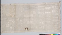 Sampler, Drawnwork, embroidered with flowers, rows of floral vines and geometric patterns, and a crown motive above the maker's initials, worked in cotton and silk, German, Saxony