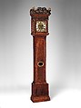 Longcase clock with calendar and alarm, Movement by Ahasuerus II Fromanteel (British, 1640–1703), Case: walnut and rosewood veneer on oak, and partly gilded limewood; Dial: gilded and silvered brass; Movement: brass and steel, Dutch, Amsterdam
