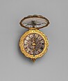 Watch, Watchmaker: Jean Rousseau (Swiss, 1606–1684), Case: rock crystal mounted in gilded brass; Dial: silver and black enamel with gilded-brass hand; Movement: gilded brass and partly blued steel, Swiss, Geneva