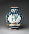Pharmacy jar with the Apollo Belvedere and King David, Figure of Apollo Belvedere based on an engraving by Nicoletto da Modena (Italian, Modena, active ca. 1500–ca. 1520), Maiolica (tin-glazed earthenware), Italian, possibly Castelli