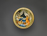 Bowl from a birth set with birth scene and Diana and Actaeon, Perhaps the "Milan Marsyas" Painter, Maiolica (tin-glazed earthenware), Italian, Urbino