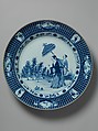 Plate depicting a lady with parasol, Cornelis Pronk  Dutch, Hard-paste porcelain painted with cobalt blue under transparent glaze (Jingdezhen ware), Chinese, for Dutch market