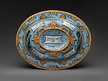 Oval basin or dish with subject from Amadis of Gaul, Workshop of Orazio Fontana (Italian, Urbino, ca. 1510–1576), Maiolica (tin-glazed earthenware), Italian, Urbino or possibly Turin