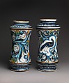 Storage jar (albarello) depicting a peacock, Maiolica (tin-glazed earthenware), Italian, possibly Pesaro