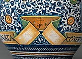 Pharmacy jar with the Apollo Belvedere and King David, Figure of Apollo Belvedere based on an engraving by Nicoletto da Modena (Italian, Modena, active ca. 1500–ca. 1520), Maiolica (tin-glazed earthenware), Italian, possibly Castelli