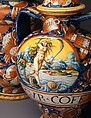 Lidded pharmacy jar with the personification of Fortuna, Maiolica (tin-glazed earthenware), Italian, probably Pesaro
