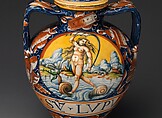 Lidded pharmacy jar with the personification of Fortuna, Maiolica (tin-glazed earthenware), Italian, probably Pesaro