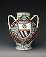 Two-handled pharmacy or storage jar with arms of the Orsini family and profile head of a man, Maiolica (tin-glazed earthenware), Italian, probably Deruta