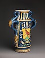 Albarello with arms of Leonardo Buonafede, Maiolica (tin-glazed earthenware), Italian, probably Montelupo