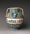 Storage or pharmacy jar, Maiolica (tin-glazed earthenware), Italian, perhaps Siena