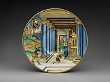 Plate with Paris Killing Achilles and arms of the Calini family, Nicolo da Gabriele Sbraghe (Italian, active by 1520–37/38), Maiolica (tin-glazed earthenware), Italian, Urbino