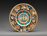 Dish with winged putto, Cipriano Piccolpasso Italian, Maiolica (tin-glazed earthenware), Italian, Duchy of Urbino (Pesaro or Castel Durante)