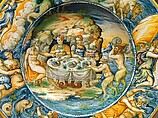 Dish Depicting Achelous and Theseus, Maestro Domenego da Venezia (Italian, active Venice, recorded from 1547, died 1570s or later), Maiolica (tin-glazed earthenware), Italian, Venice