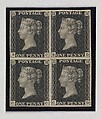 Unused block of four "Penny Black" postage stamps of Queen Victoria, William Wyon British, Engraving printed in black ink on paper, British