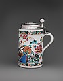 Tankard, Adam Friedrich von Löwenfinck (German, 1714–1754), Tin-glazed earthenware, silver mounts, German, Fulda