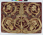 Golden tendrils against a red ground, Silk and metal-wrapped thread on velvet, Italian or Spanish