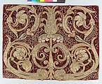 Golden tendrils against a red ground, Silk and metal-wrapped thread on velvet, Italian or Spanish