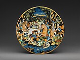Dish with battle scene, Painter of the Coal Mine Service (active mid-16th century), Maiolica (tin-glazed earthenware), Italian, Urbino