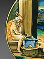 Wide-rimmed bowl with Vulcan Forging Arms with Venus and Cupid, Fra Xanto Avelli da Rovigo (ca. 1486–1582), Maiolica (tin-glazed earthenware), Italian, probably Urbino