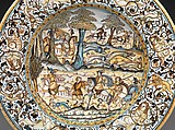 Plate with hunting scene and arms of the Alarçon y Mendoza family, Francesco Grue (Italian, active Castelli, 1618–1673) or a close associate, Maiolica (tin-glazed earthenware), Italian, Castelli