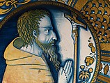 Dish with saint (Saint Francis?) or friar praying before crucifix, Maiolica (tin-glazed earthenware), lustered, Italian, Deruta