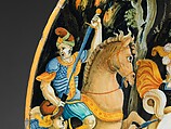 Dish with battle scene, Painter of the Coal Mine Service (active mid-16th century), Maiolica (tin-glazed earthenware), Italian, Urbino