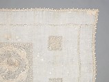 Table cover, Linen, embroidered net, Italian, possibly Sicily