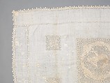 Table cover, Linen, embroidered net, Italian, possibly Sicily