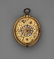 Clock-watch with sundial, Watchmaker: Jan Jansen Bockeltz (Dutch, active ca. 1590, died 1626), Case: gilded brass; Dial: gilded brass, silver, and copper; Movement: gilded brass, partly blued steel, and silver, Dutch, Haarlem