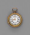 Pair-case watch with repeating mechanism, Watchmaker: Charles Cabrier II (British, act. 1719–d. 1776), Outer case: gold; Inner case: pierced and engraved gold; Dial: white enamel, British, London