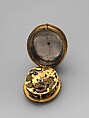 Clock-watch with sundial, Watchmaker: Jan Jansen Bockeltz (Dutch, active ca. 1590, died 1626), Case: gilded brass; Dial: gilded brass, silver, and copper; Movement: gilded brass, partly blued steel, and silver, Dutch, Haarlem