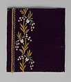 Embroidery sample for a man’s suit, Silk and metal thread on silk velvet, French