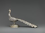 Table decoration in the form of a peacock, Silver, partly gilded, Hungarian, Munkács