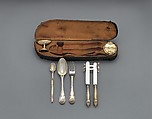 Traveling set, I.F. (Hungarian), Silver, partly gilded, steel, tooled leather, Hungarian, Érsekújvár