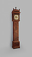 Longcase clock with calendar, Clockmaker: Thomas Tompion (British, 1639–1713), Case: walnut; oak veneered with walnut; and string inlays of holly and stained holly; Dial: partly gilded and partly silvered brass; Movement: brass and steel, British, London