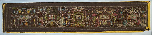 Embroidered panel with Grotesque decoration, Narrative scenes adapted from woodcuts by Bernard Salomon (French, ca. 1508–ca. 1561), Silk thread on silk, French