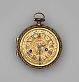 Clock watch, Case: partly gilded brass and black leather, fish skin, with gold studs; Dial: gilded brass; Movement: gilded brass, partly blued steel, and repeating mechanism, Chinese