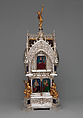 Table clock with calendar, Case and enamel design by the Firm of Lucien Falize (French, Paris 1839–1897 Paris), Case: silver, partly enameled gold, hardstones, rock crystal, amethysts, and diamonds; movement: brass and steel, French, Paris