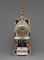 Table clock with calendar, Case and enamel design by the Firm of Lucien Falize (French, Paris 1839–1897 Paris), Case: silver, partly enameled gold, hardstones, rock crystal, amethysts, and diamonds; movement: brass and steel, French, Paris