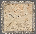 Embroidered sampler, Silk and linen on linen foundation, bobbin lace, Italian
