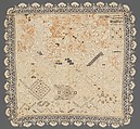 Embroidered sampler, Silk and linen on linen foundation, bobbin lace, Italian
